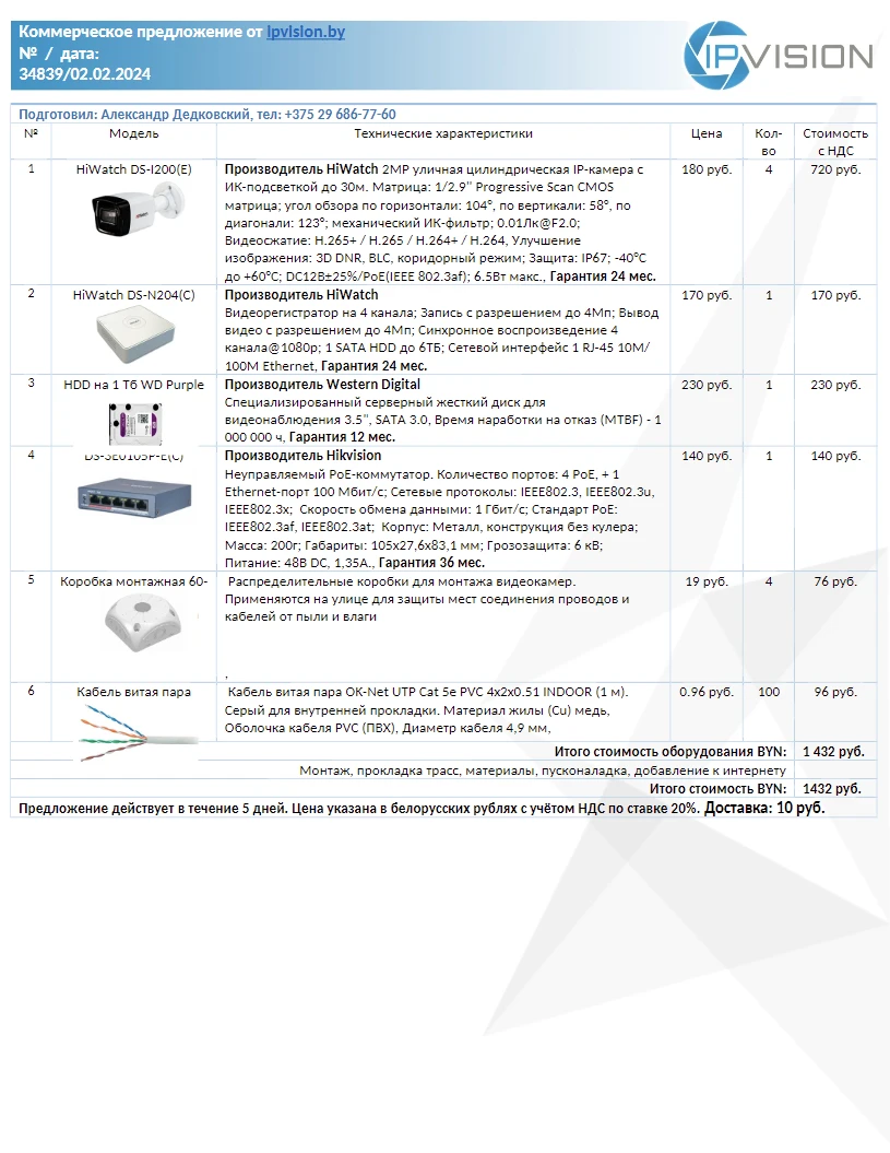Коммерческое предложение на комплект IP-камер видеонаблюдения Hiwatch DS-I200(Е)